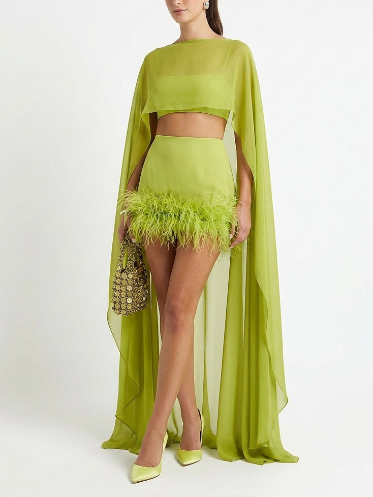 Elegant Chiffon Cape Crop Top & Feather-Trim Mini Skirt Two-Piece Set