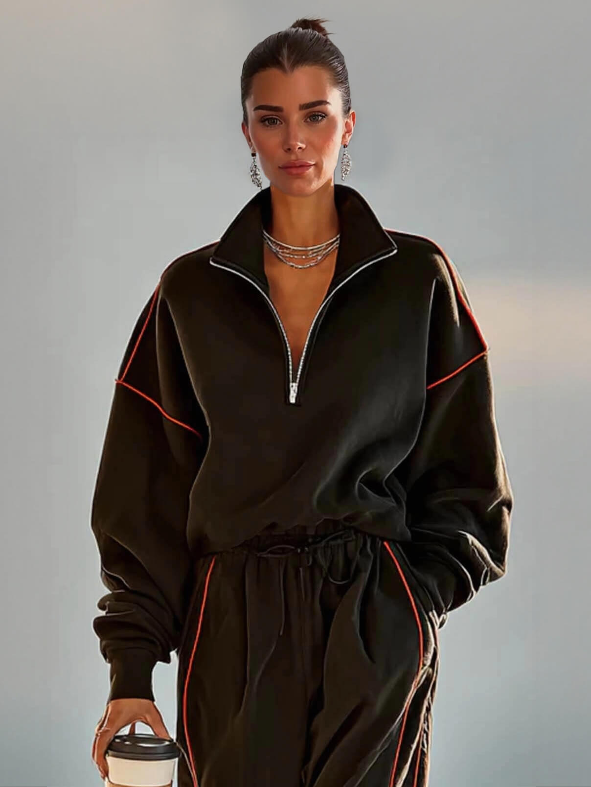 Minimalist Red Trimmed Zipper Neck Long Sleeve Sweatshirt And Sweatpants Set