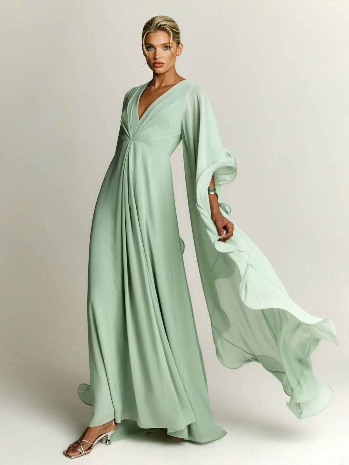 Elegant Draped Head Sleeve Chiffon Maxi Dress