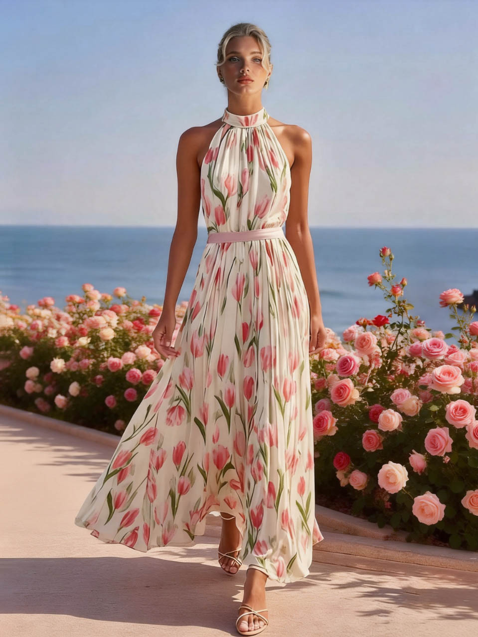 Elegant Tulip Chiffon Print Backless Maxi Dress