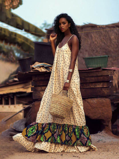 Bohemian Patchwork Print Off-Shoulder Vacation Maxi Dress