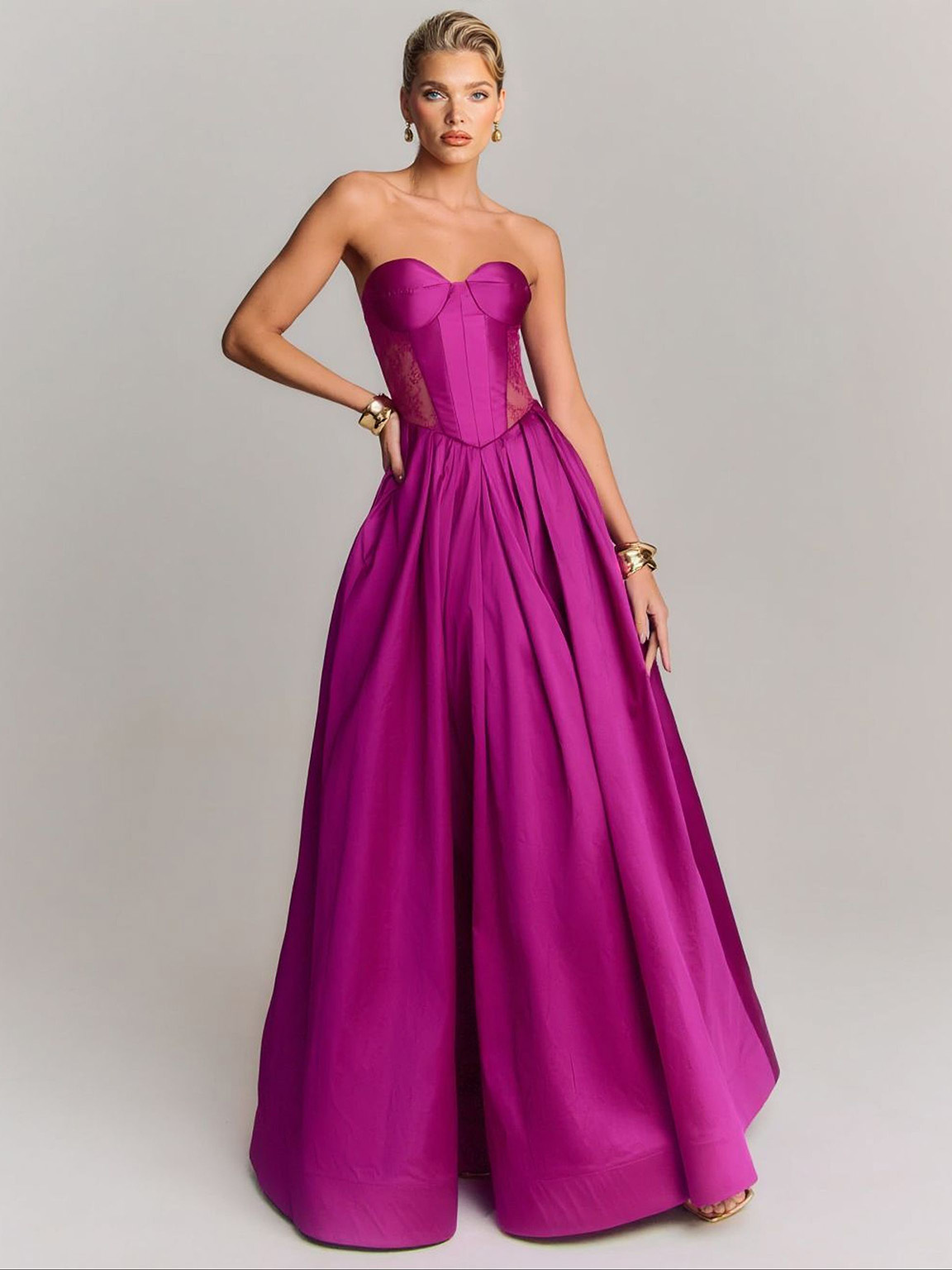 Elegant Strapless Lace-Panel Ball Gown Maxi Dress