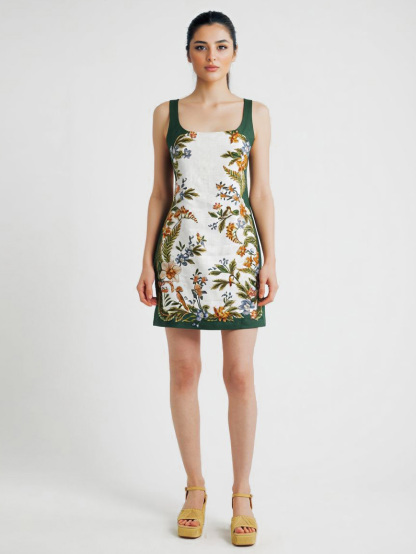 Elegant Floral Print Contrast-Trim Mini Dress