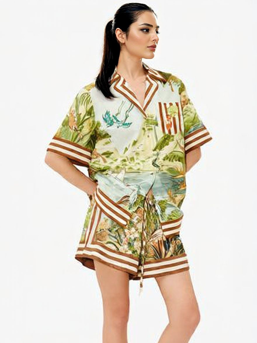 Tropical Scenic Print Shirt & Shorts Two-Piece Vacation Set