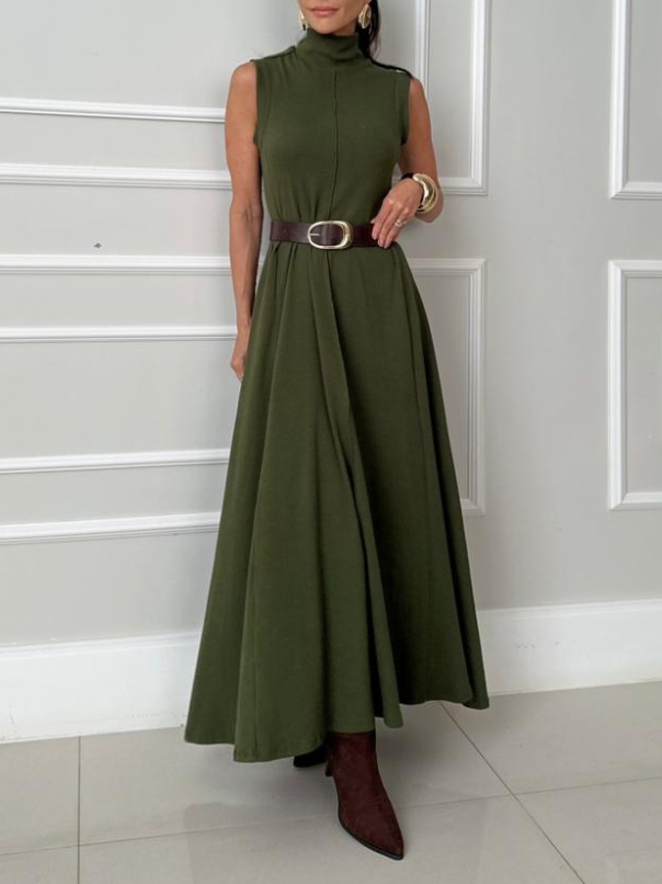 Elegant Sleeveless High-Neck Belted Maxi Dress