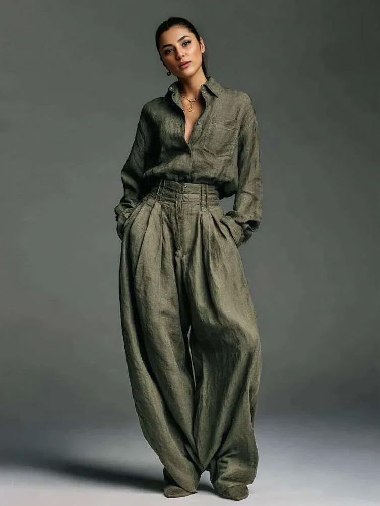 Casual Long-Sleeve Shirt & Wide-Leg Pants Two-Piece Set