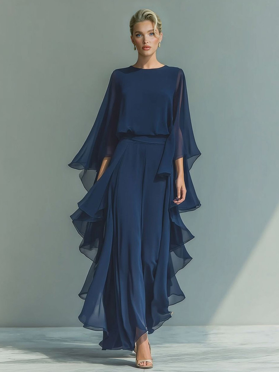 Chiffon Bell-Sleeve Top & Straight-Leg Pants Two-Piece Set