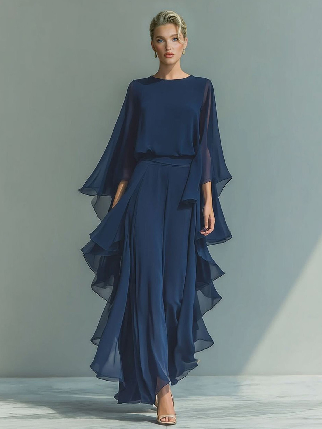 Chiffon Bell-Sleeve Top & Straight-Leg Pants Two-Piece Set