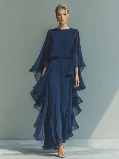 Chiffon Bell-Sleeve Top & Straight-Leg Pants Two-Piece Set