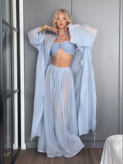 Sheer Cover-Up Backless Crop Top Three-Piece Beach Set