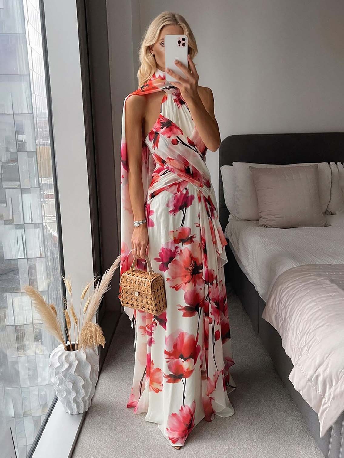 Elegant Watercolor Floral Print Backless Chiffon Maxi Dress