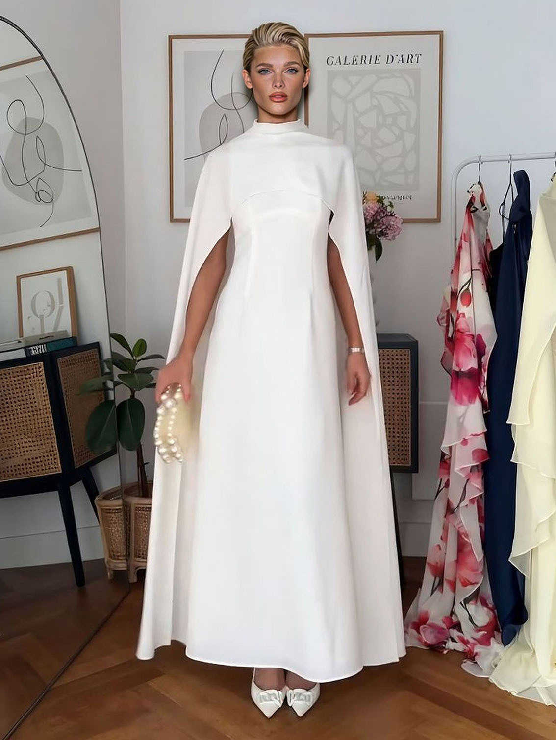 Elegant High-Neck Cape-Style Maxi Dress