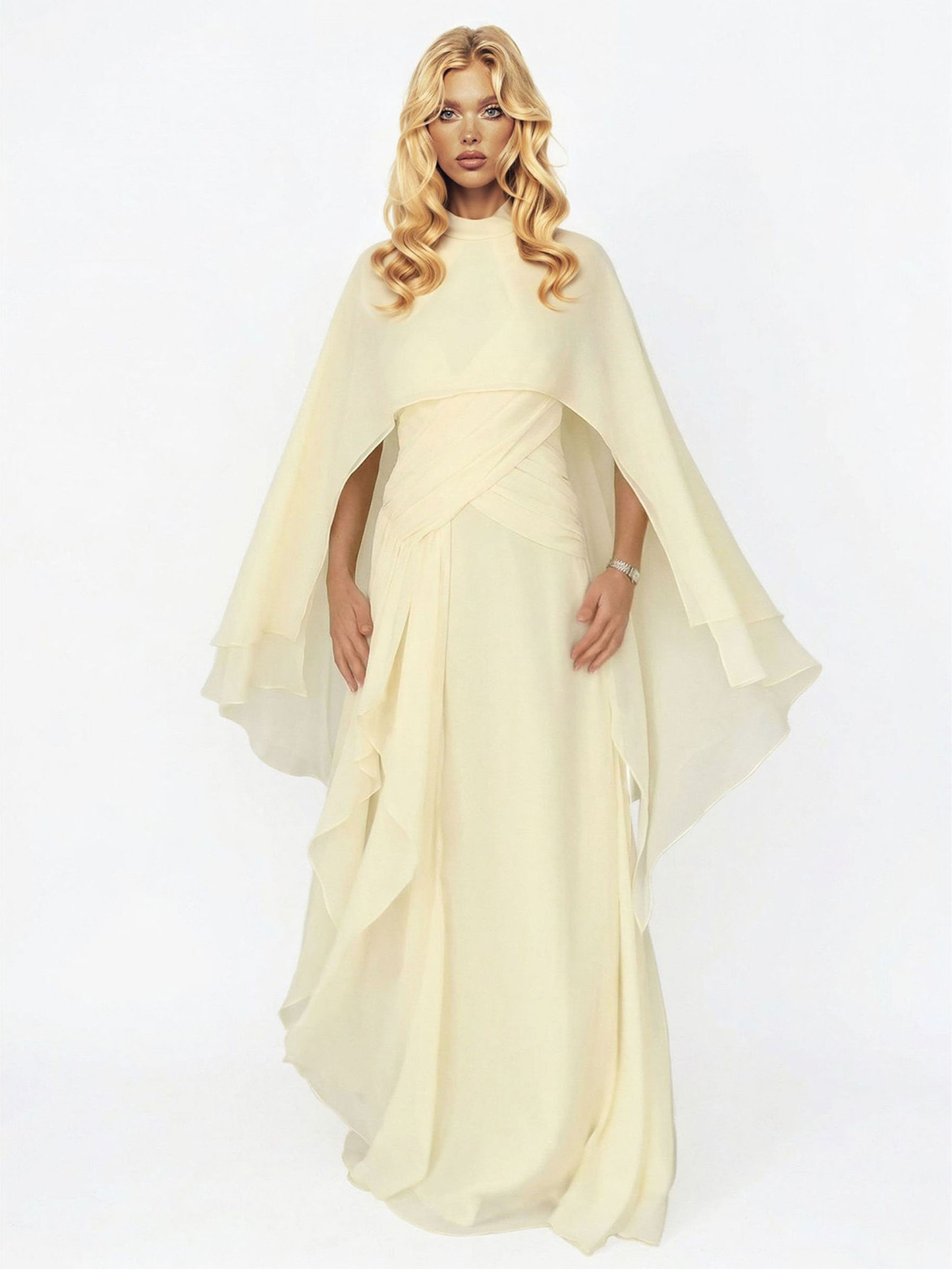 Elegant Cape Style Ruched Ruffle Maxi Dress