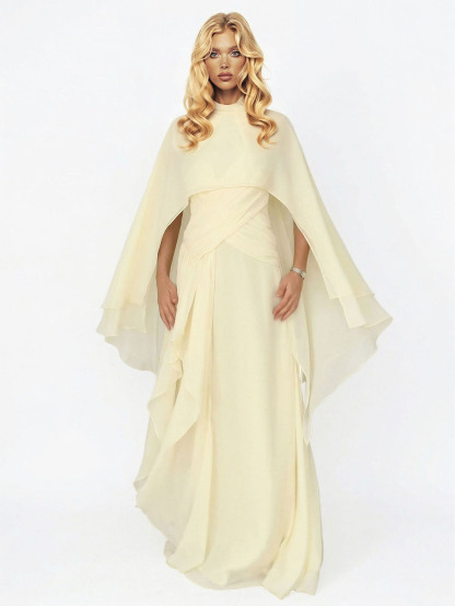 Elegant Cape Style Ruched Ruffle Maxi Dress