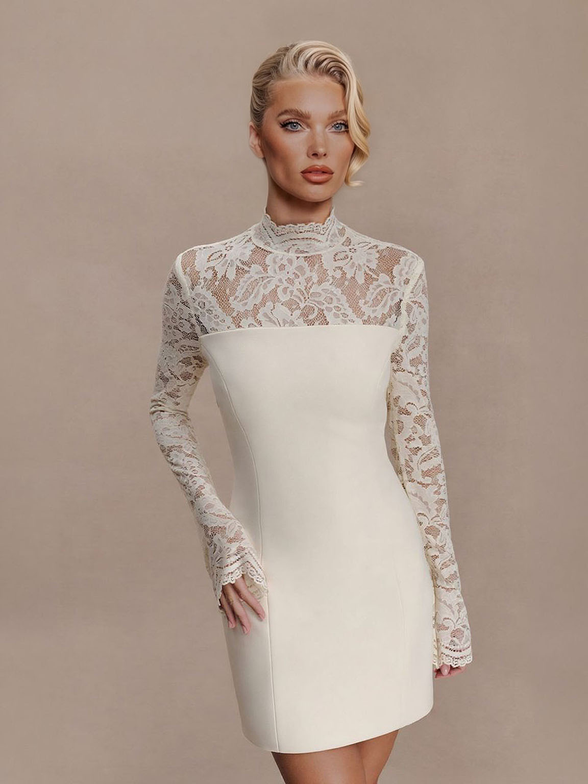 Elegant Sheer Lace High-Neck Mini Dress