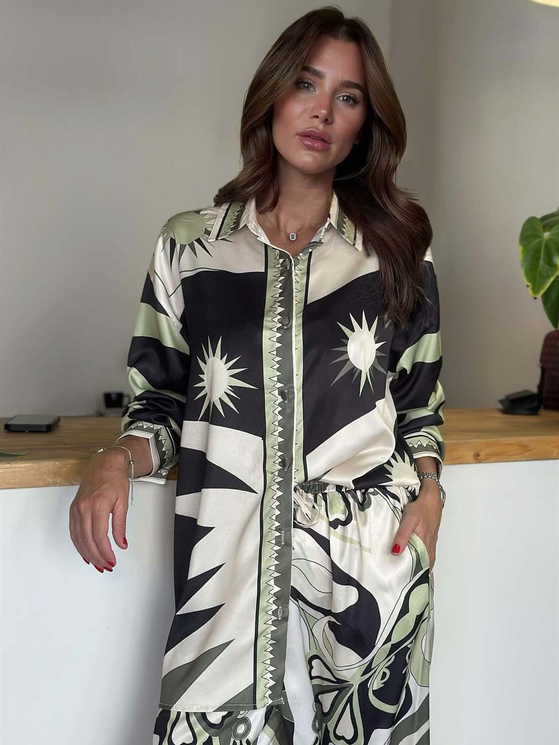 Unique Abstract Sun Print Satin Shirt