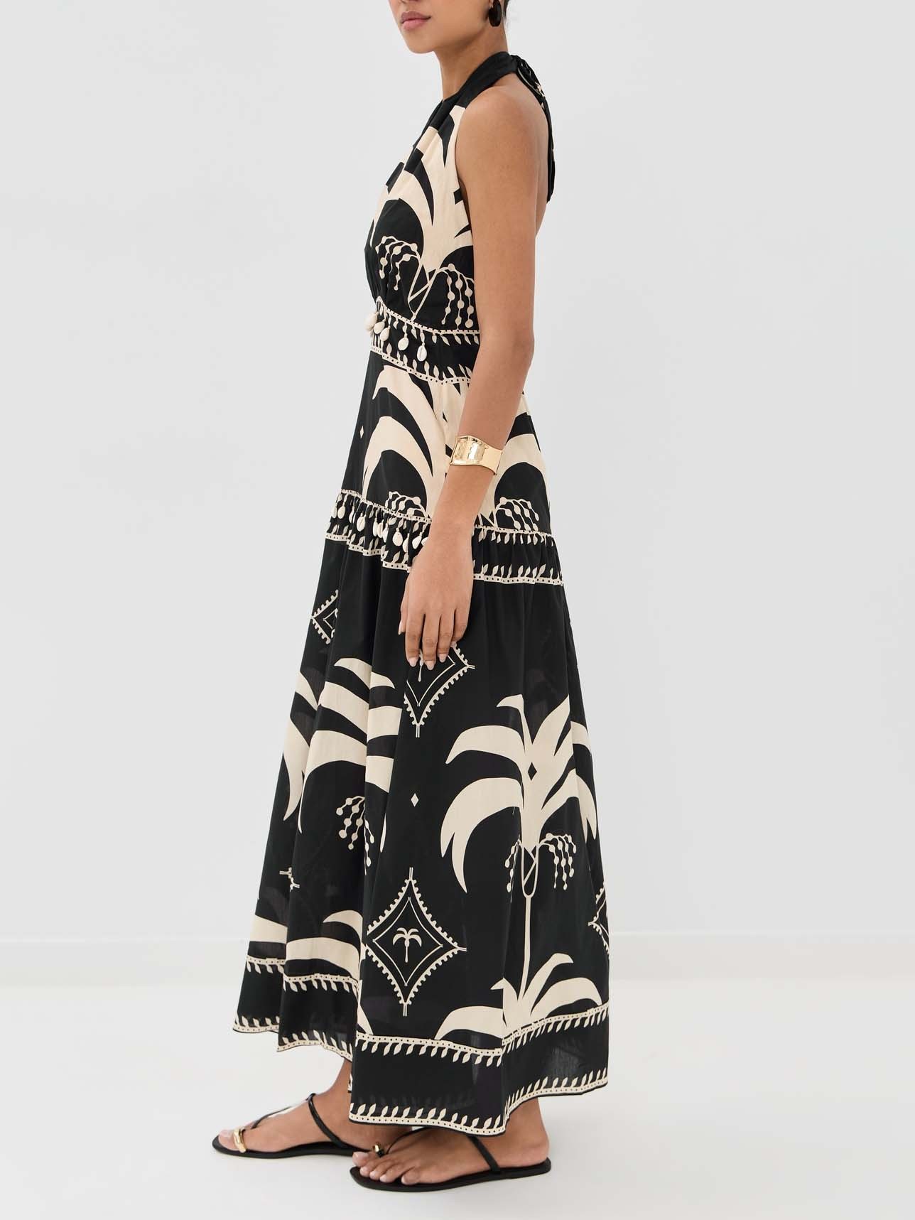 Retro Palm Leaf Print Halter Neck Maxi Dress