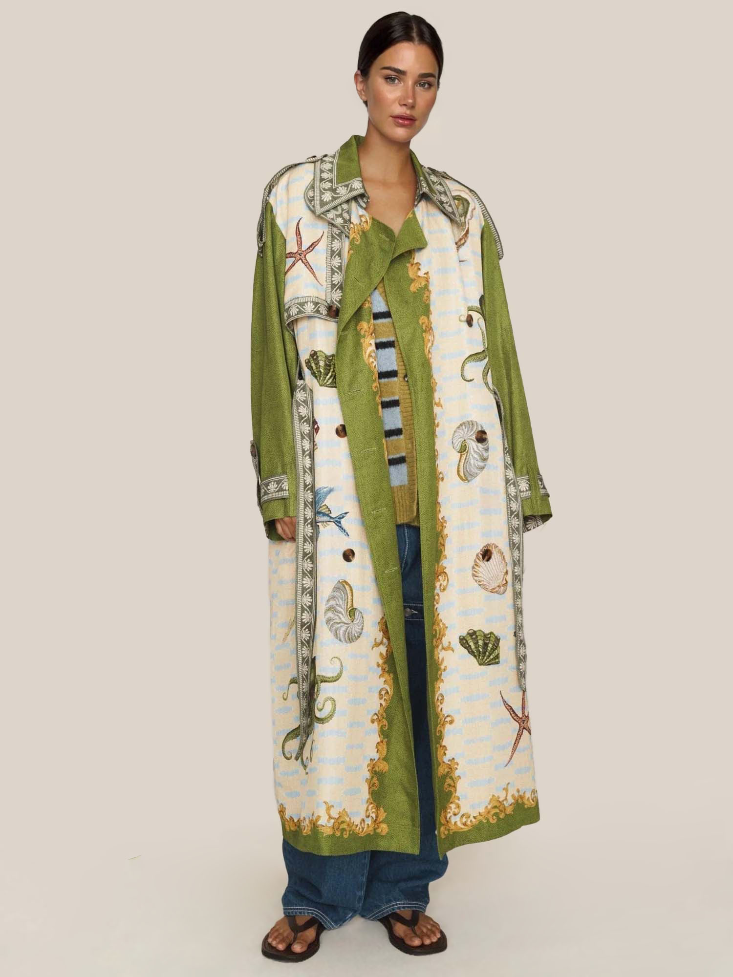 Unique Deep Sea Floral Print Loose Long Trench Coat