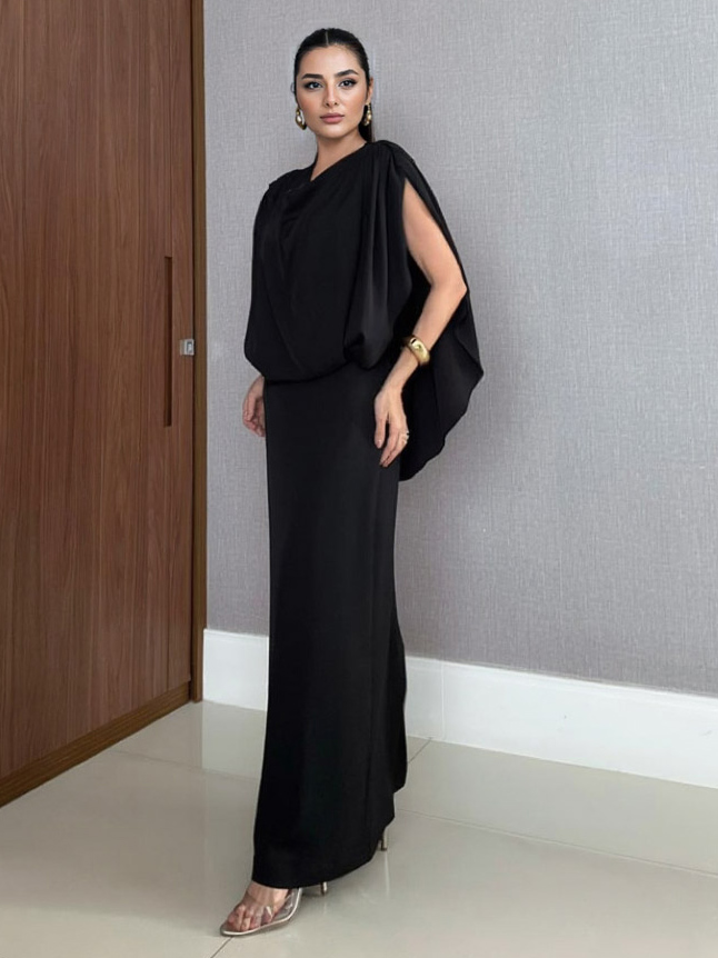 Elegant Cream Draped Cape Sleeve Maxi Dress