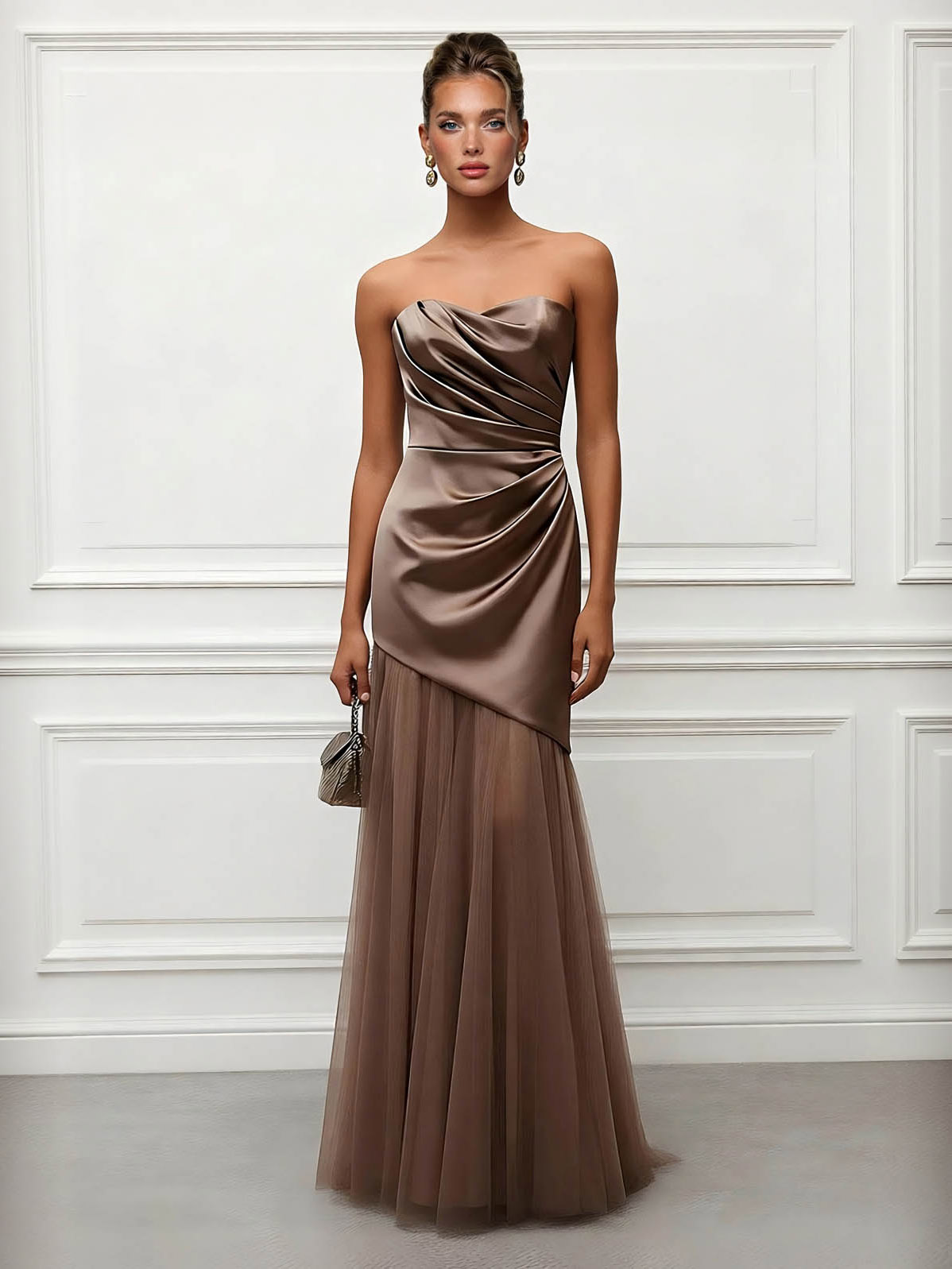 Elegant Strapless Draped Satin And Evening Gown