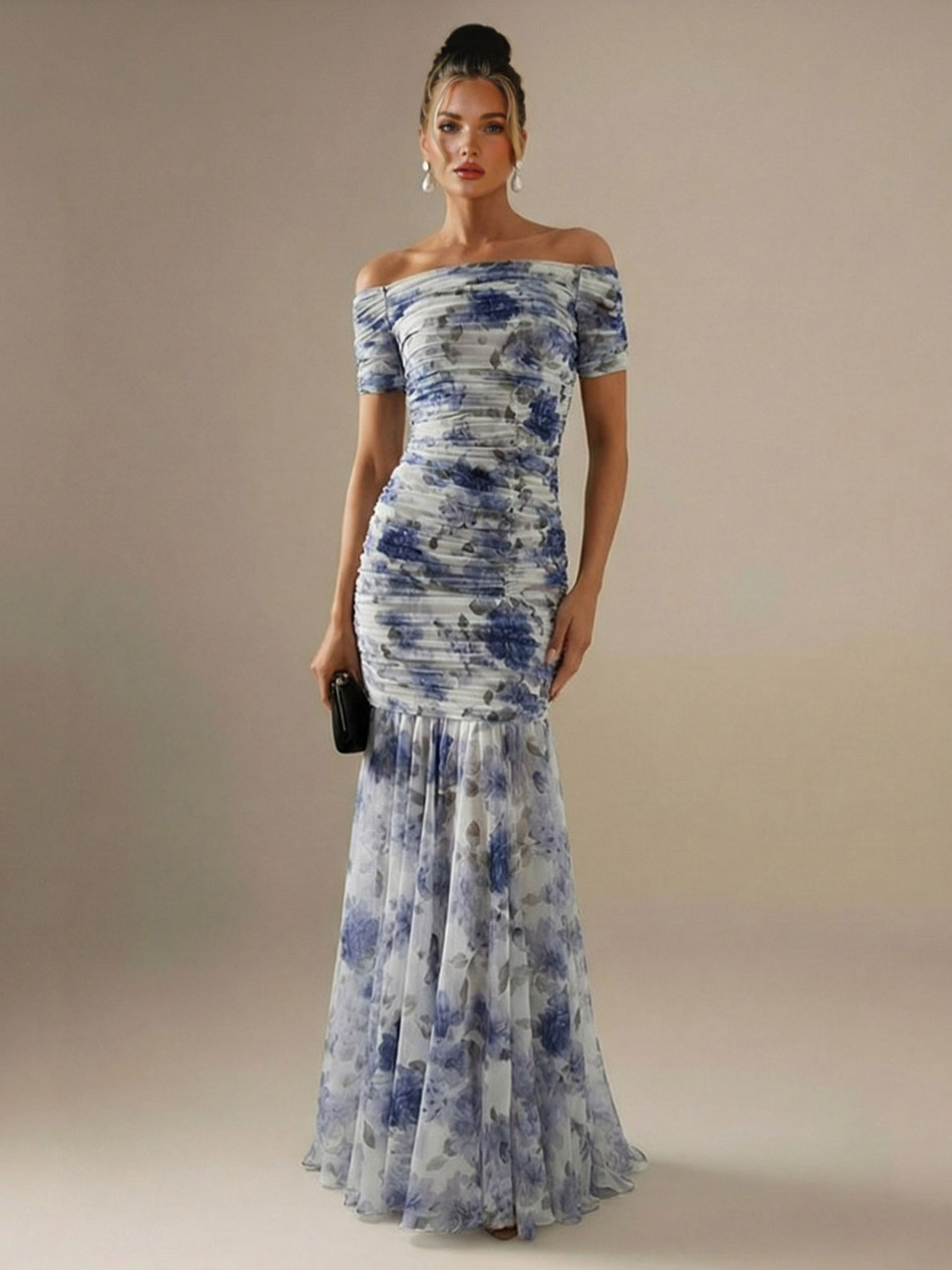 Elegant Printed Mesh Off-Shoulder Ruched Mermaid Maxi Dress