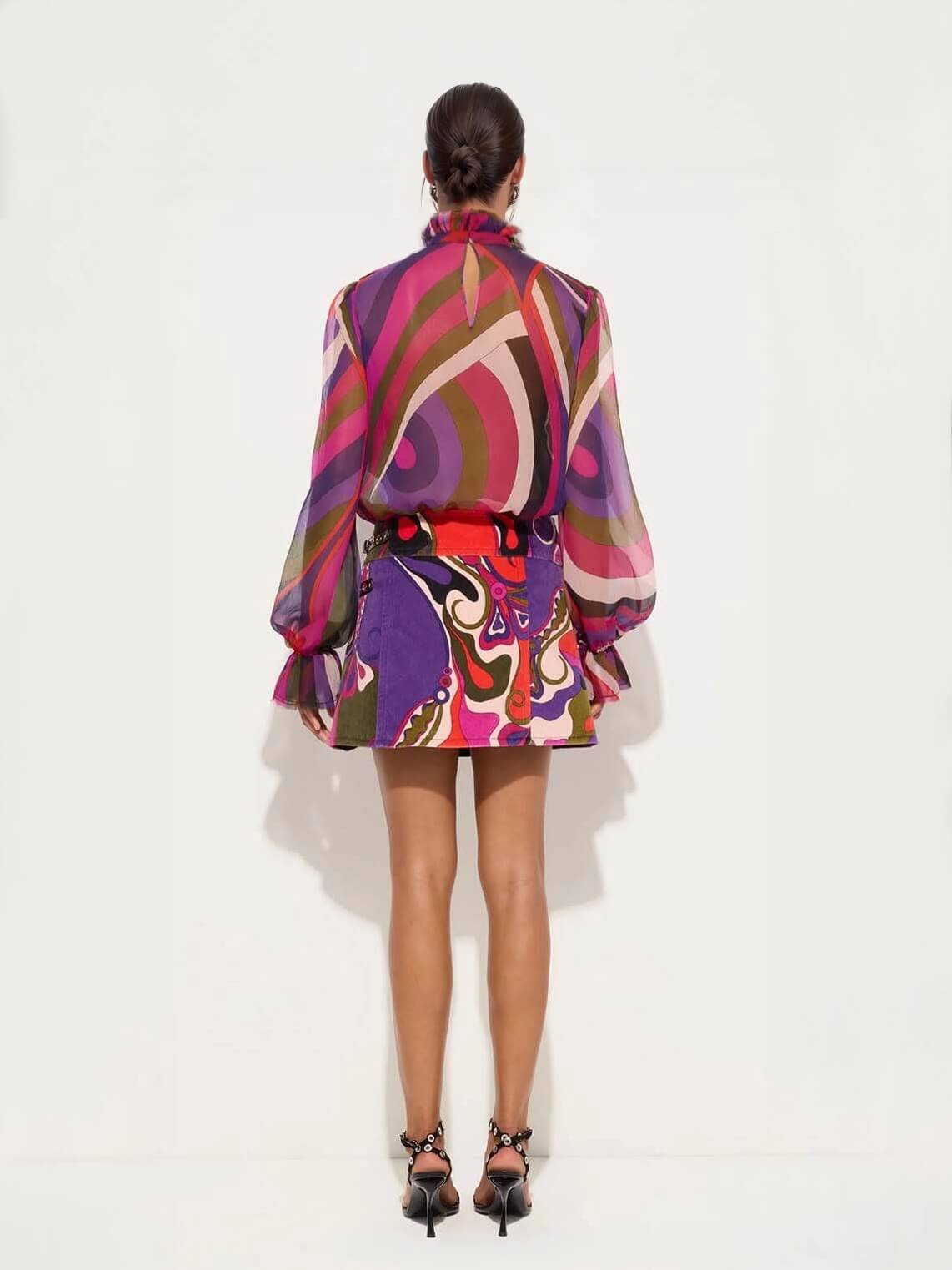 Unique Rainbow Print Lantern Sleeve Blouse