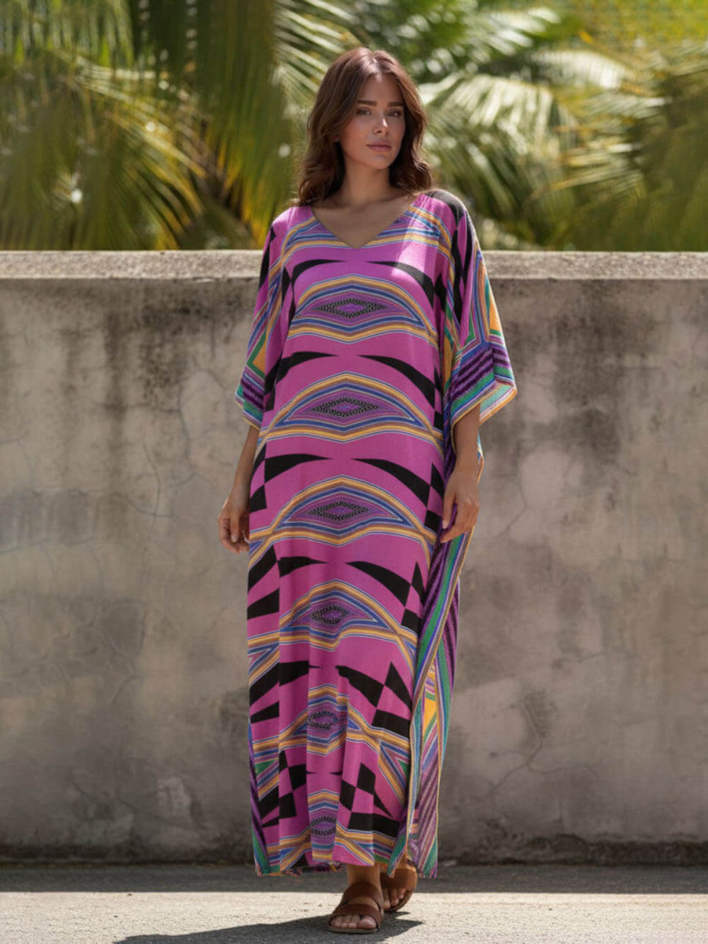 Retro Diamond Print Kimono Kaftan Beachwear Maxi Dress