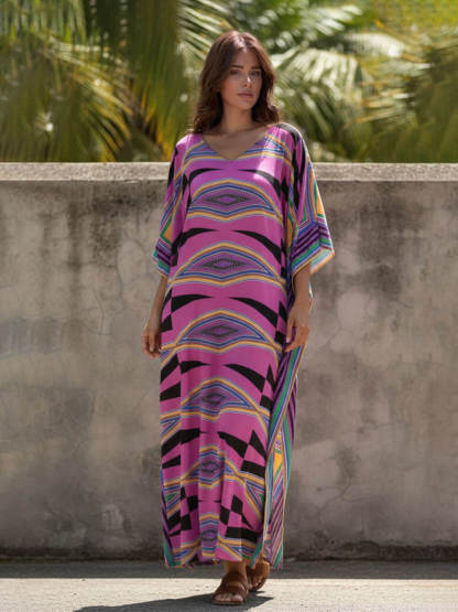 Retro Diamond Print Kimono Kaftan Beachwear Maxi Dress