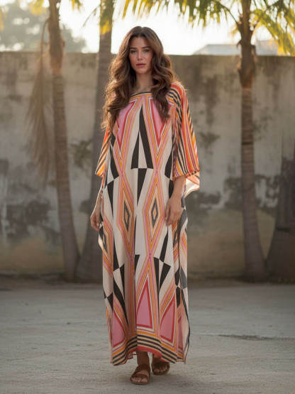Simple Retro Triangle Print Slit Kimono Maxi Dress