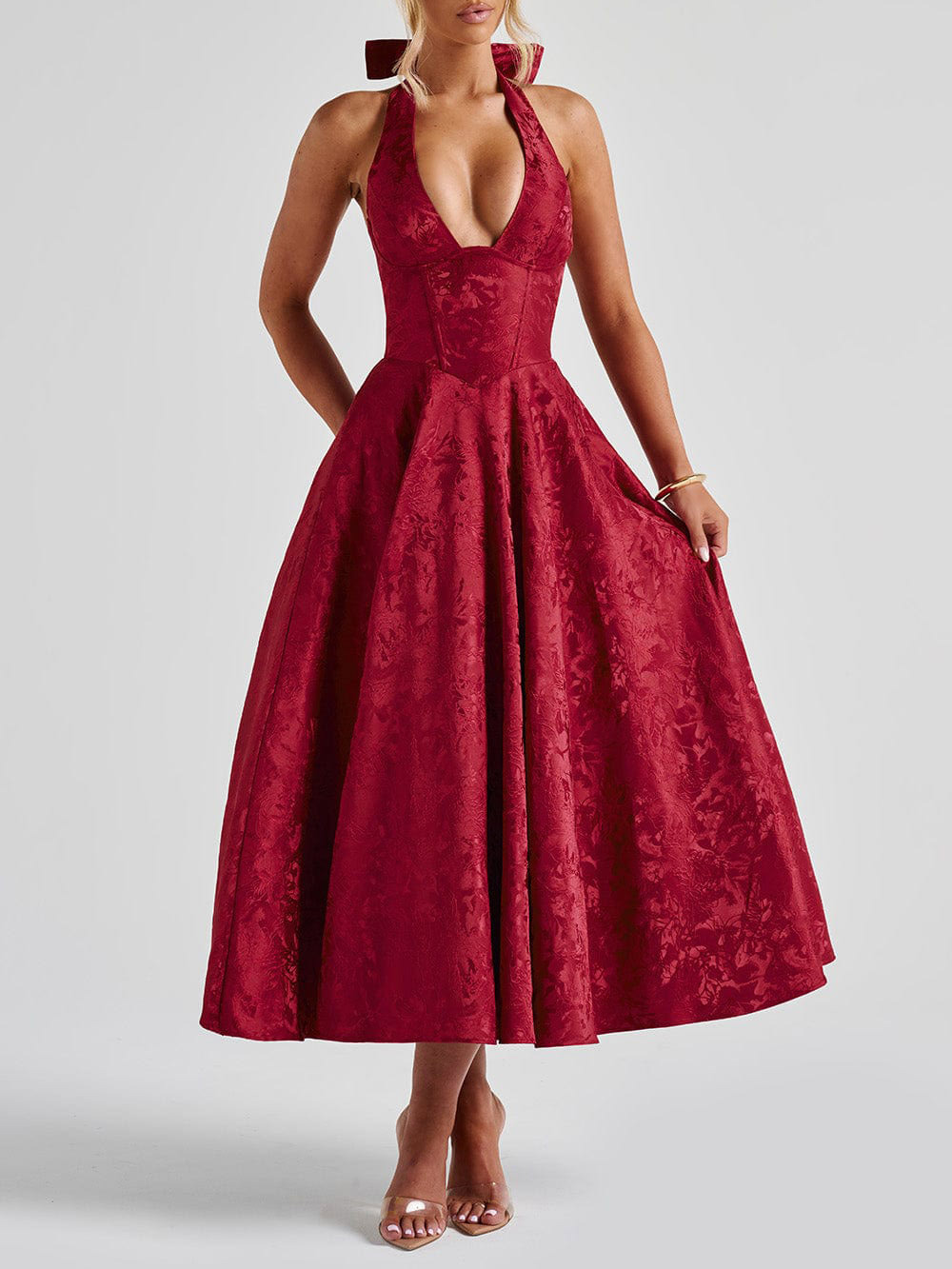 Vintage Elegant Jacquard V-Neck Halter Midi Dress