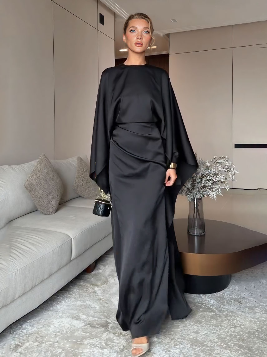 Elegant Satin Pleated Batwing Sleeve Maxi Dress