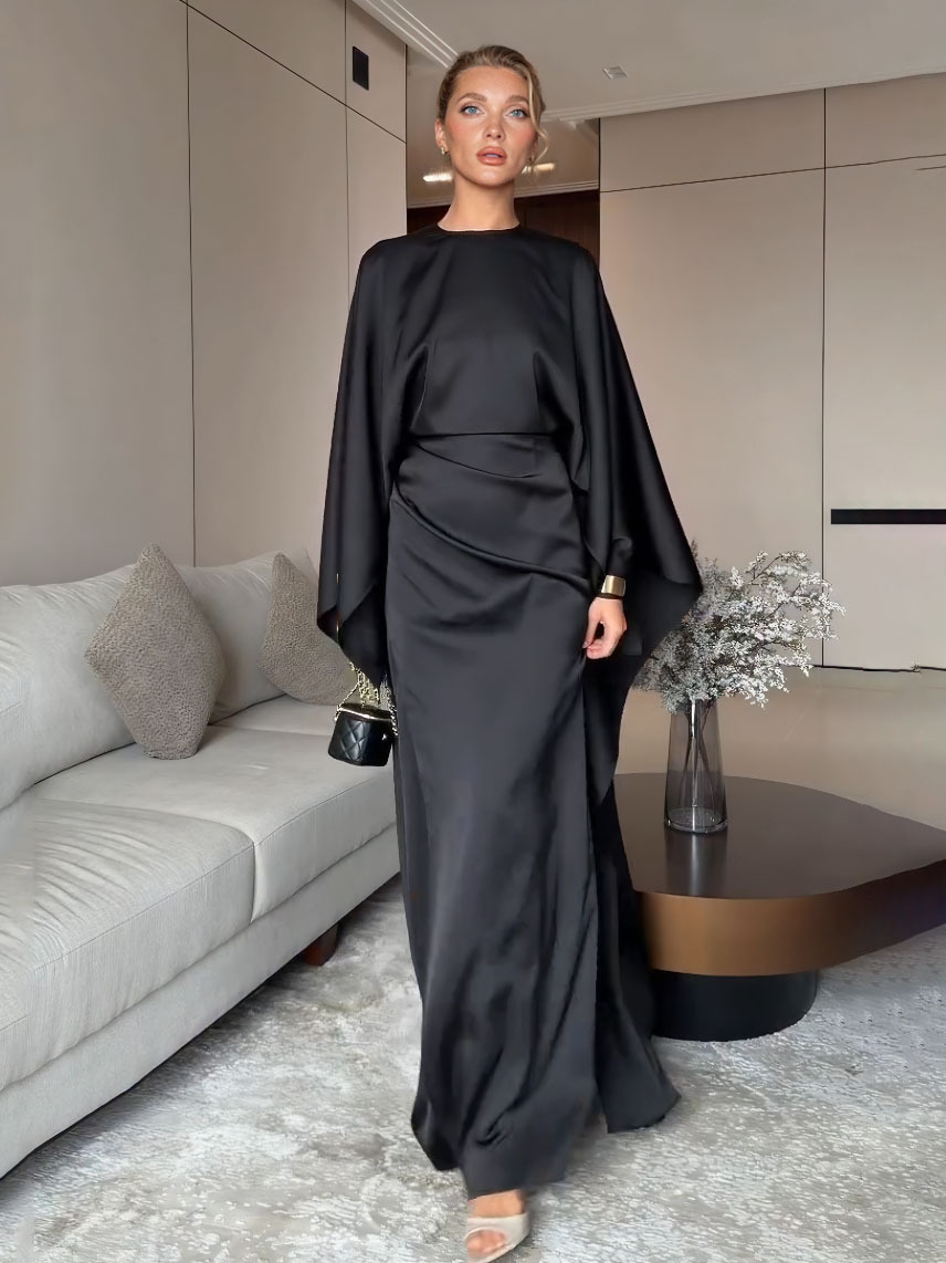 Elegant Satin Pleated Batwing Sleeve Maxi Dress