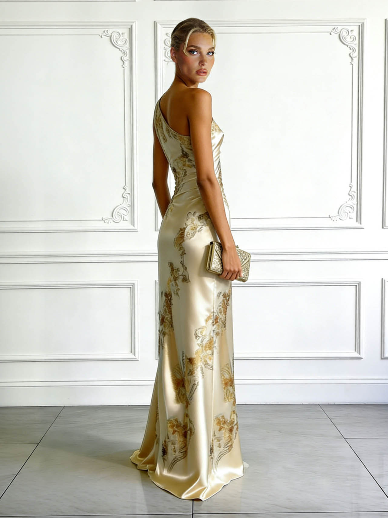 Elegant One-shoulder Floral Satin Maxi Dress