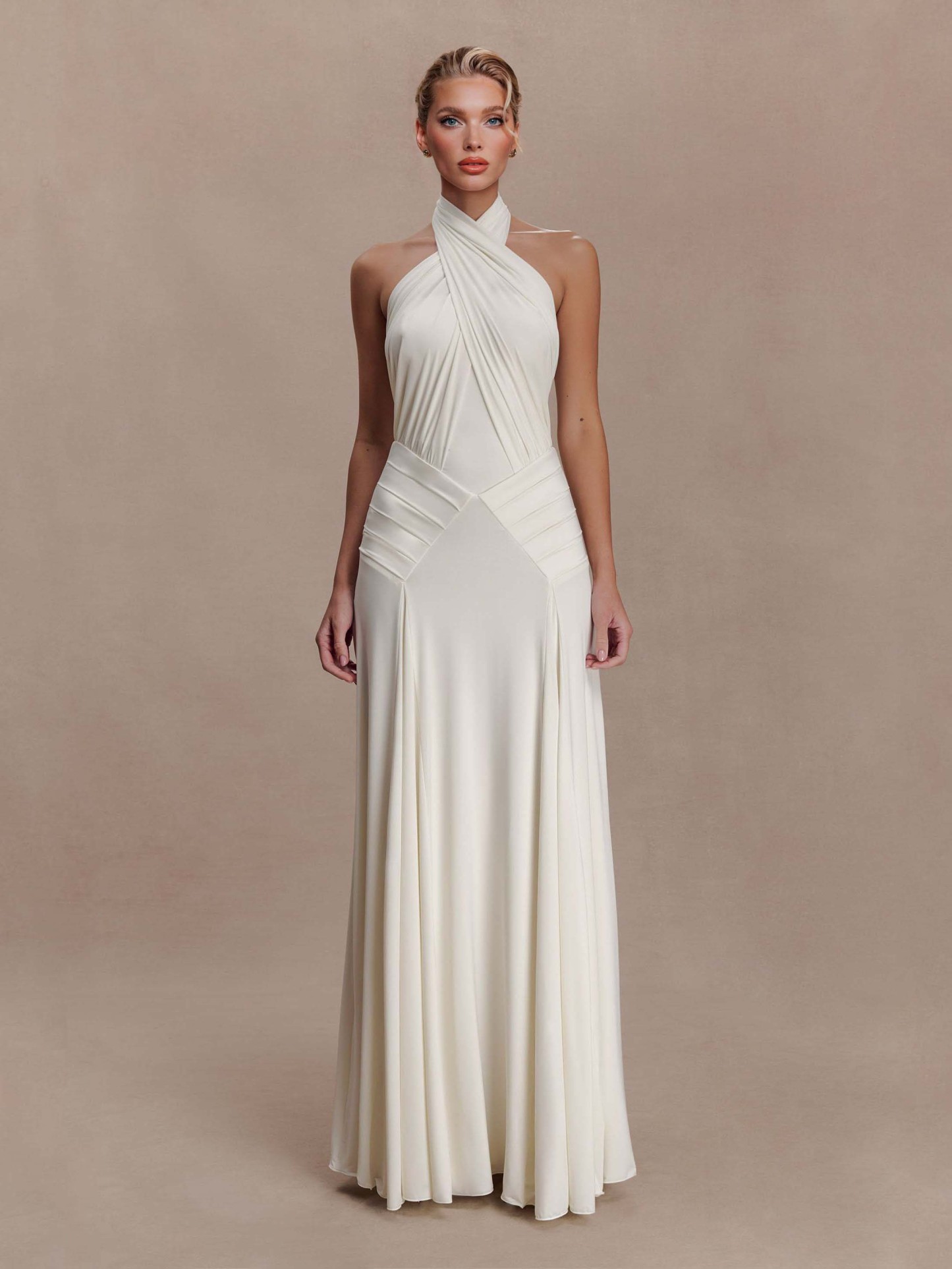 Elegant Pleated Fitted Backless Maxi Dress