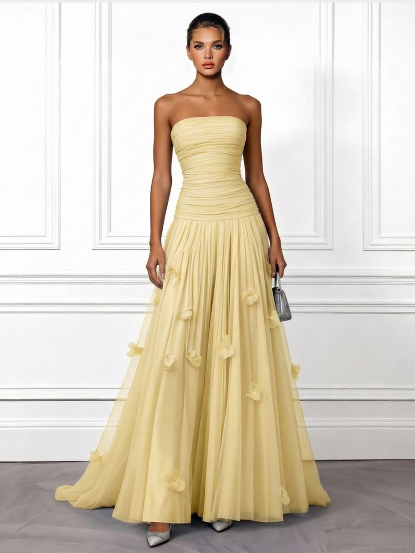 Elegant Yellow Strapless Ruched Tulle Evening Maxi Dress