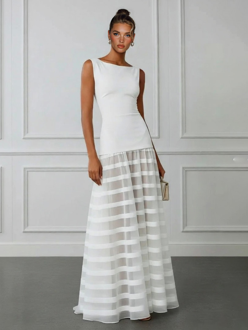 Elegant Boat Neck Striped Tulle Maxi Dress