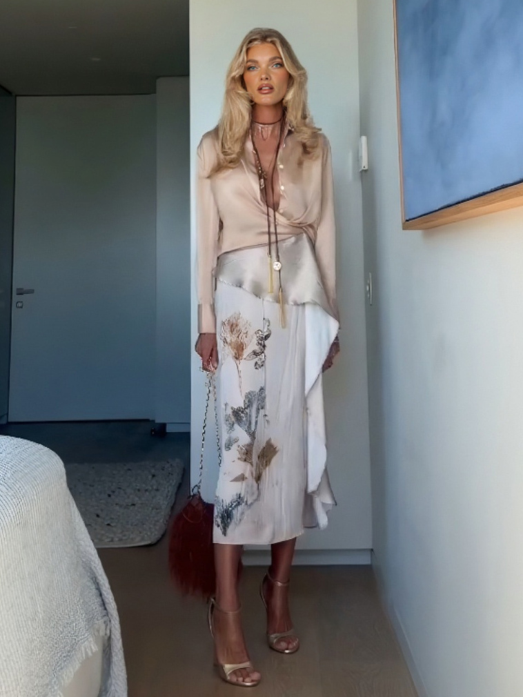 Elegant Knotted Blouse Paired With A Printed Skirt Two-piece Set