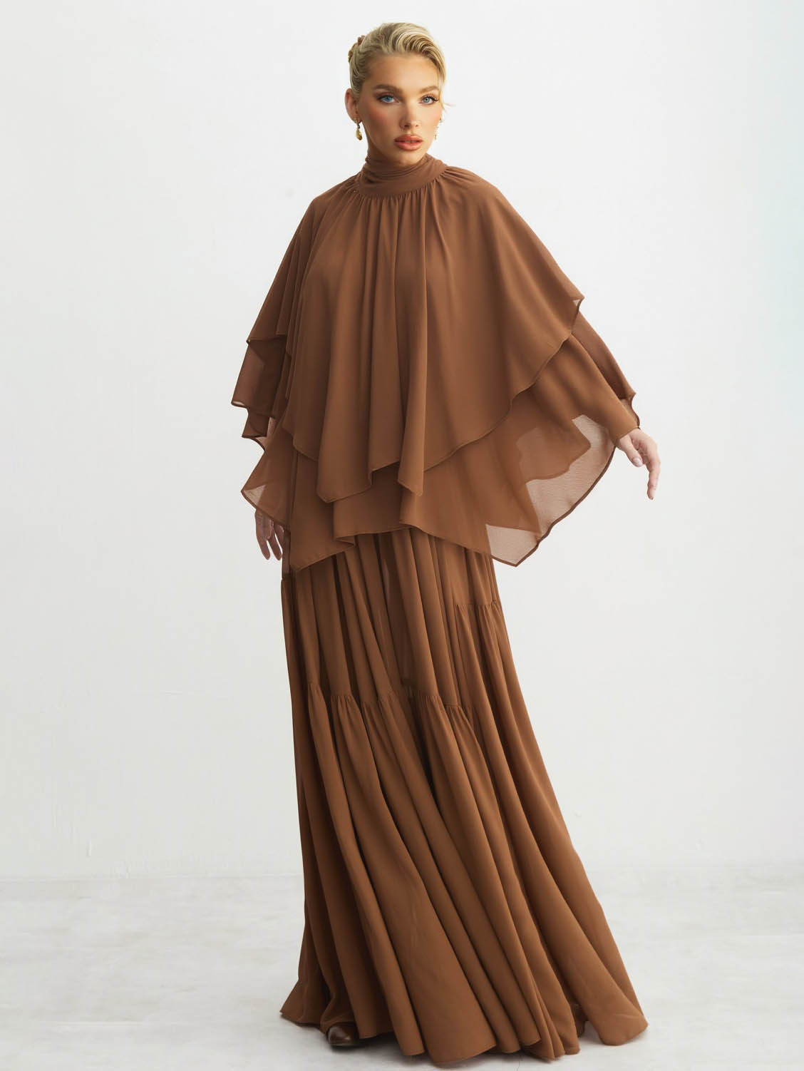 Elegant Chiffon Cape Top And Tiered Maxi Skirt Two-Piece Set