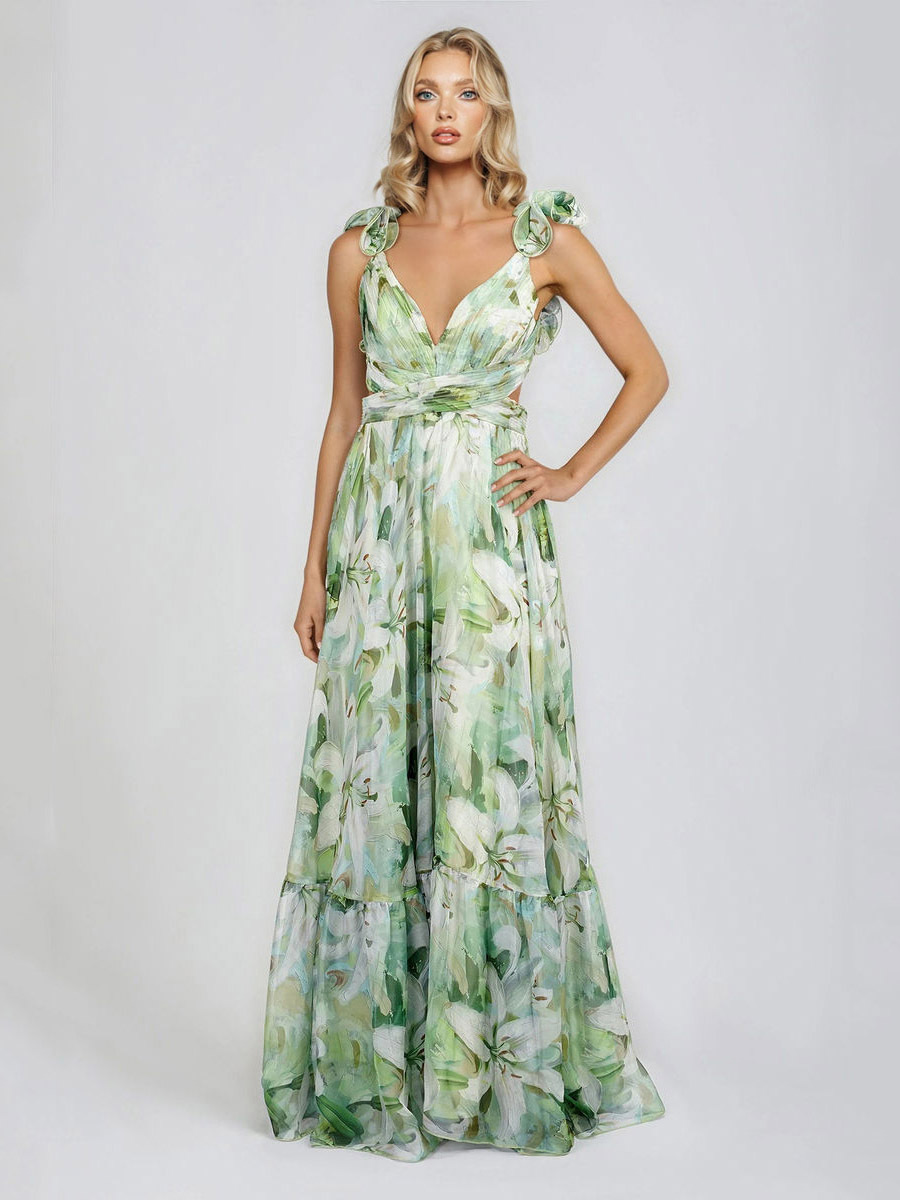Elegant Lily Print Tiered Ruffle Shoulder Maxi Dress