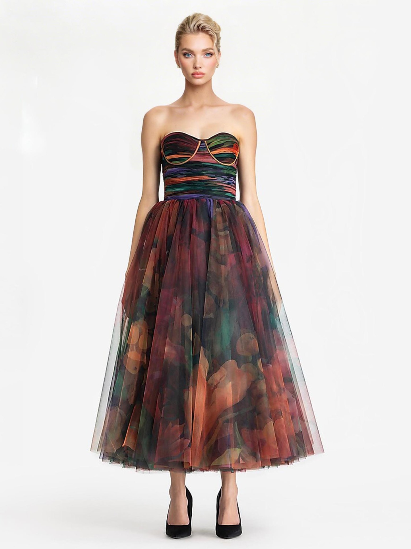 Elegant Strapless Gradient Tulle Midi Dress