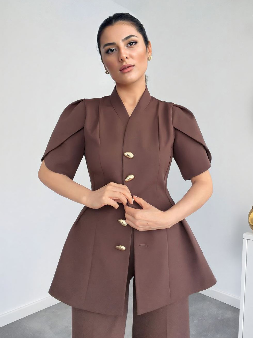Elegant Puff Sleeve Top And Straight-Leg Trousers Two-Piece Set