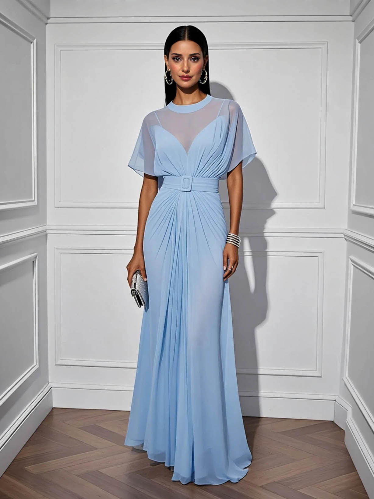 Elegant Chiffon Sheer-Neck Pleated Maxi Dress