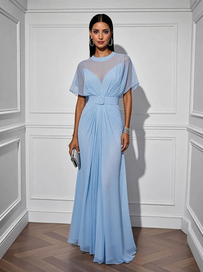 Elegant Chiffon Sheer-Neck Pleated Maxi Dress