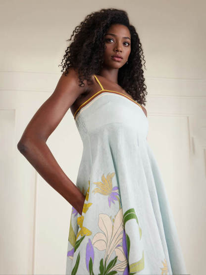 Unique Floral Print Linen Midi Dress