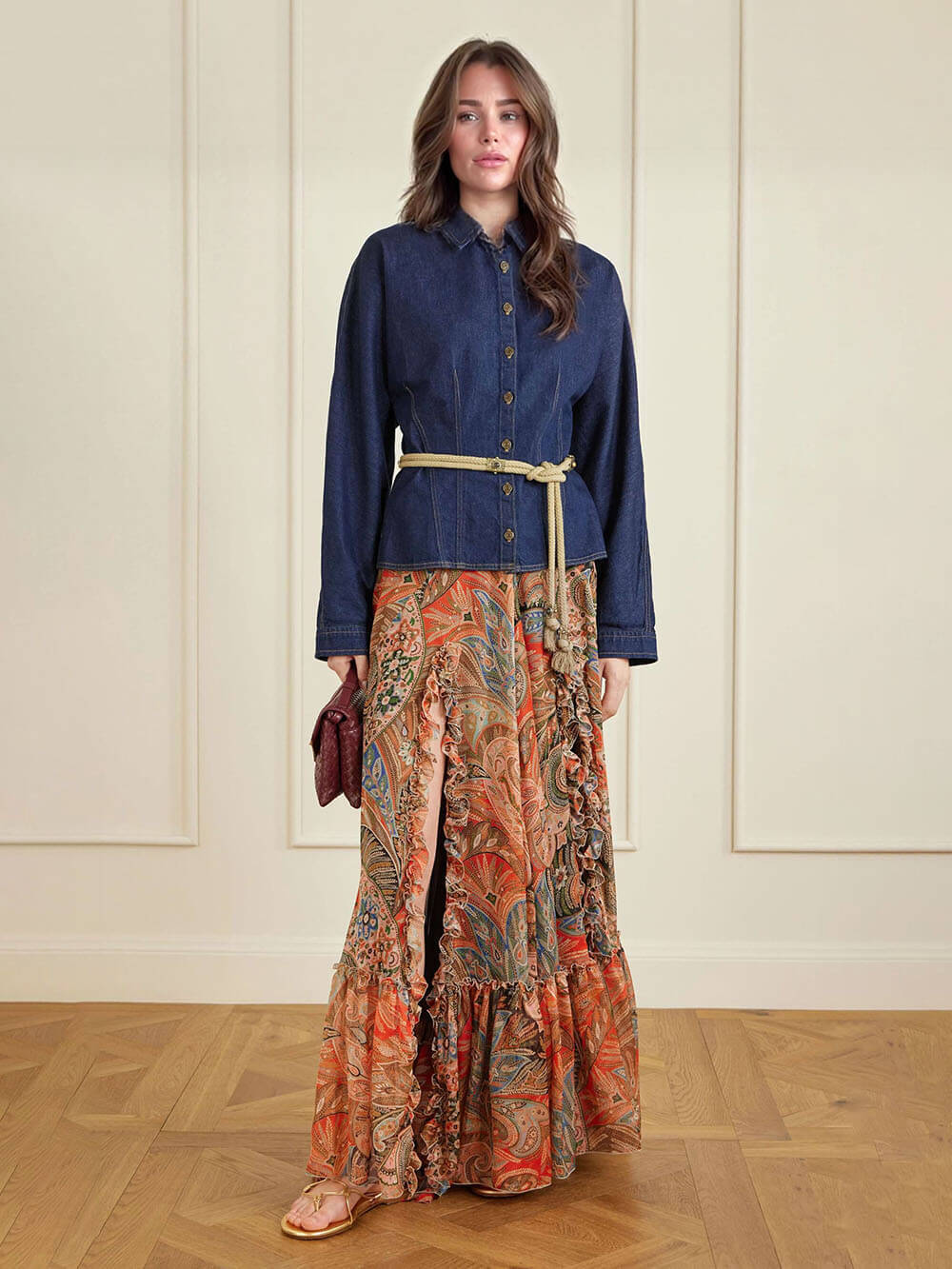 Exquisite Floral Print Ruffle Slit Maxi Skirt