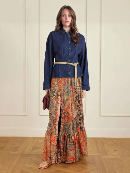 Exquisite Floral Print Ruffle Slit Maxi Skirt