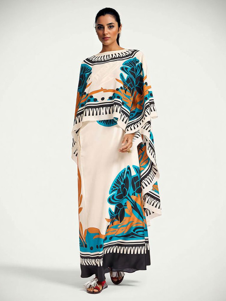 Exquisite Printed One-Shoulder Dress With Detachable Shawl Two-Piece Set