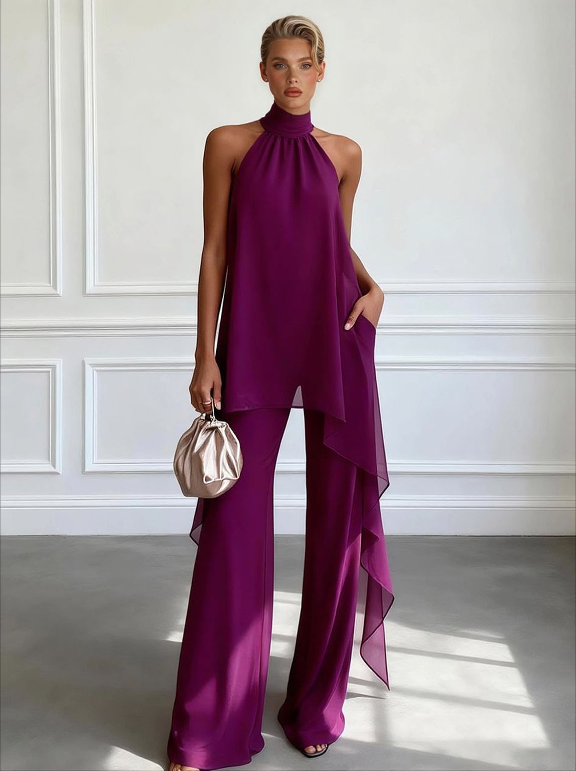 Elegant Halter Neck Asymmetric Chiffon Top & Wide-Leg Pants Set