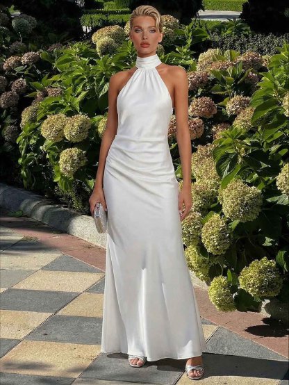 Elegant Satin Backless Ruched Bodycon Maxi Dress