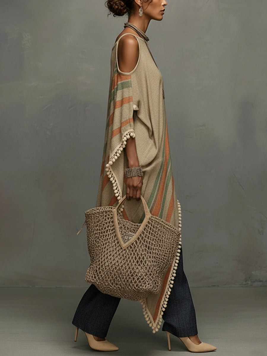 Casual Striped Tassel Asymmetric Shawl Top Two-Piece Set
